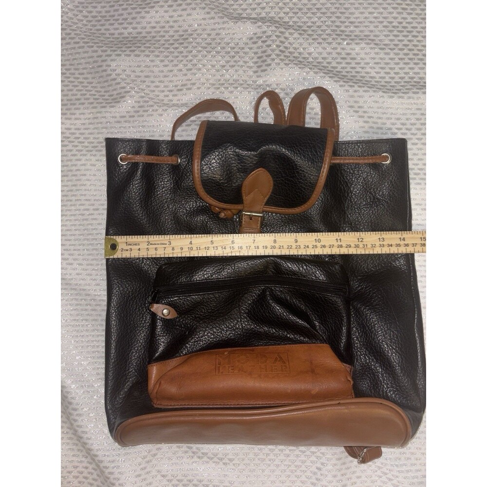 Vintage Moda Leather 16" Leather Backpack Black/Brown Solid Drawstring Closure